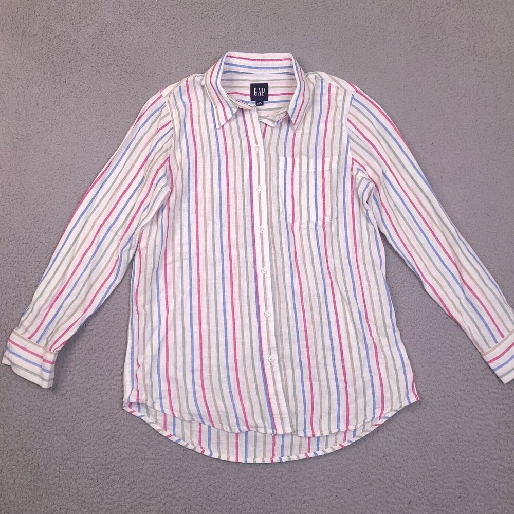 Gap Shirt Womens XS White Striped Colorful Linen Rayon Button Up Long Sleeve
